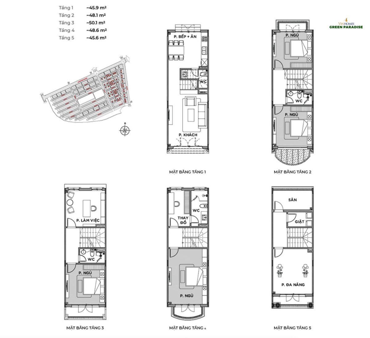 Minh hoạ mặt bằng một căn nhà phố Vinhomes Green Paradise điển hình