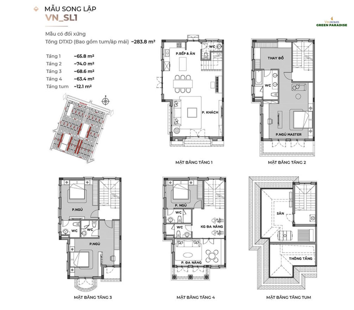 Minh hoạ mặt bằng một căn song lập điển hình tại Vin Green Paradise